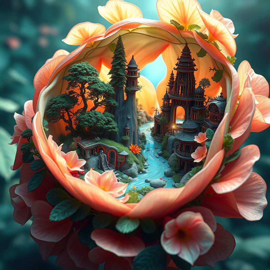 Miniature World Inside Lush Plant, Fantasy Art