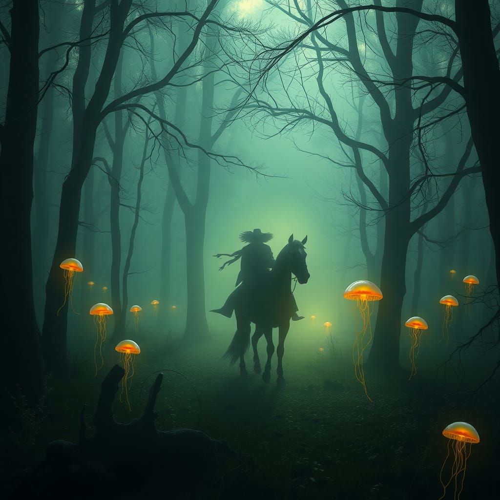 Magical Forest Figure with Jellyfish in Mist
