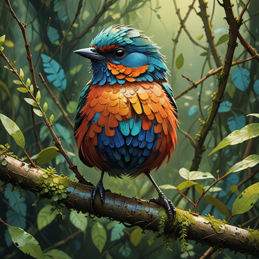 Vibrant Bird perched on a Delicate Twig in Whimsical Digital...