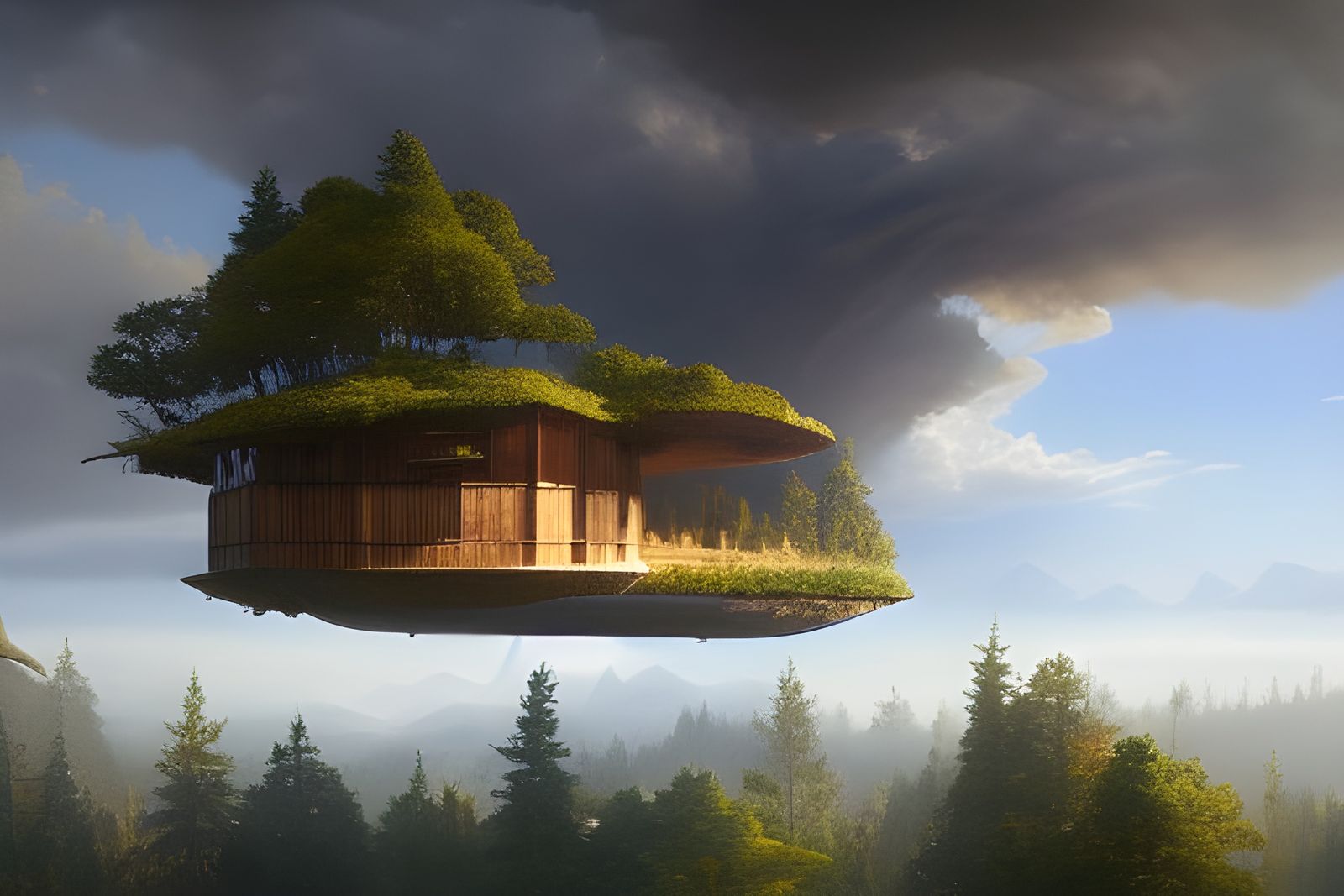 Aerial Hobbit House Floating Above Sunlit Forest