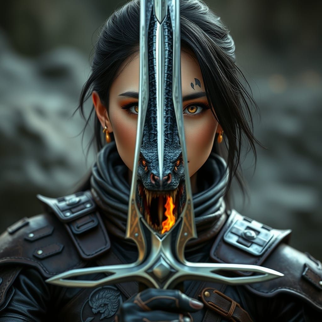 Fantasy Woman with Sword Reflecting Dragon, Photorealistic S...