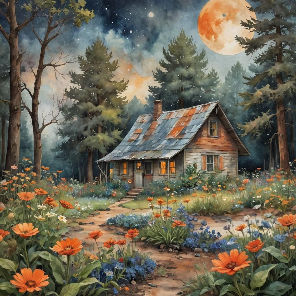 Martian Cottage Garden in Gritty Watercolor Style