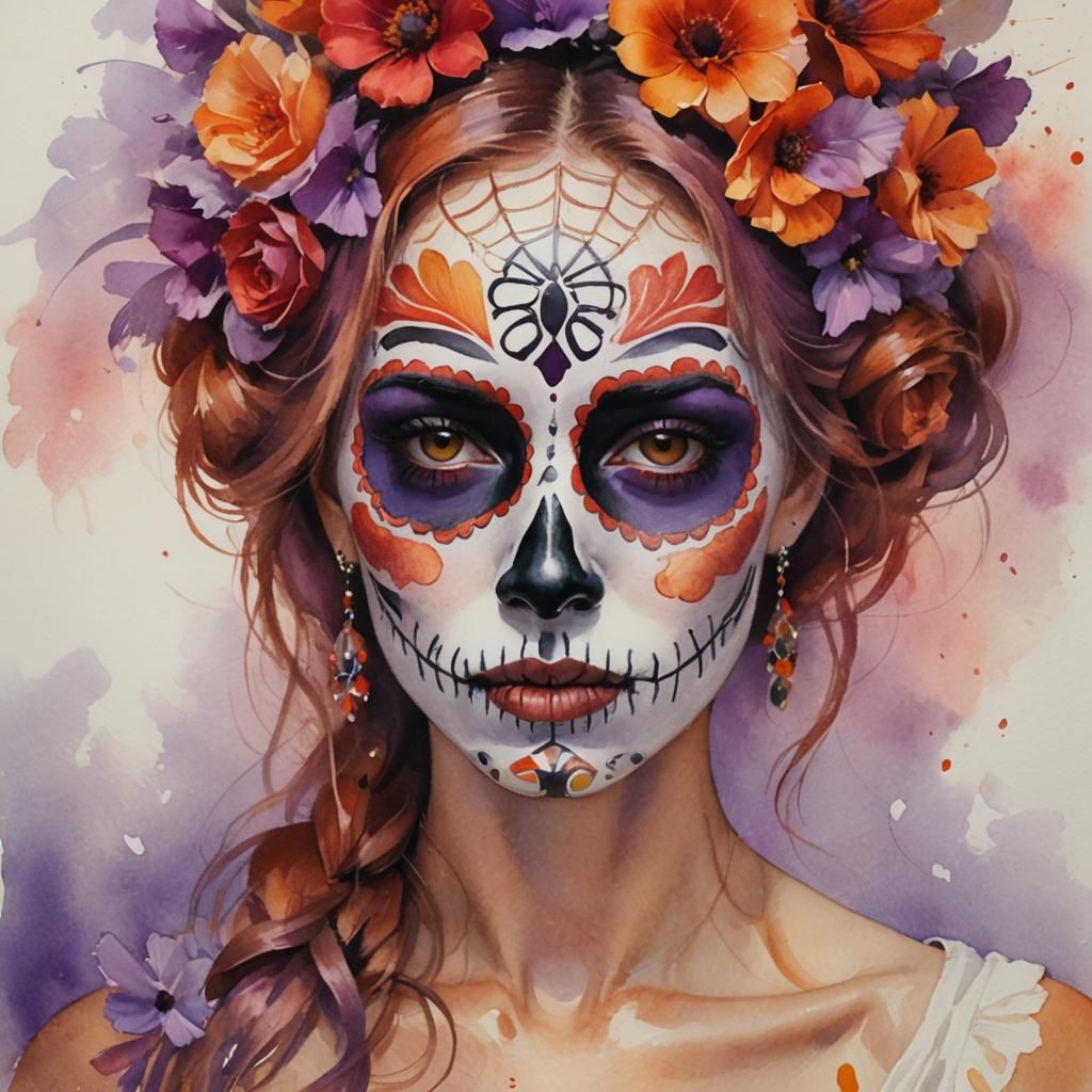 Day of the Dead Woman Portrait in Watercolor