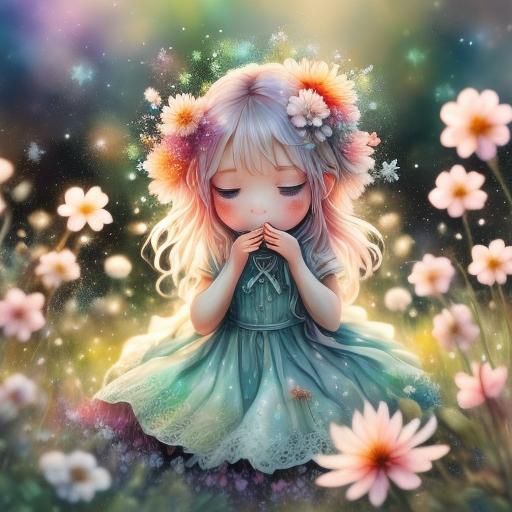 Macro Photo of Girl Smelling Flower in Wildflowers