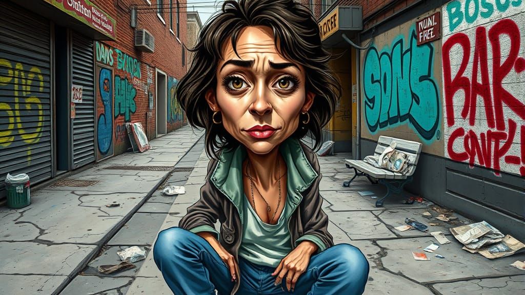 Vibrant Caricature of Resilient Homeless Woman in Urban Land...