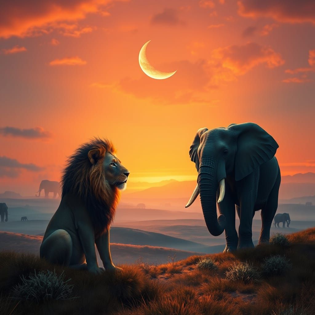 Surreal Teardrop Landscape with Lion and Elephant
A realisti...