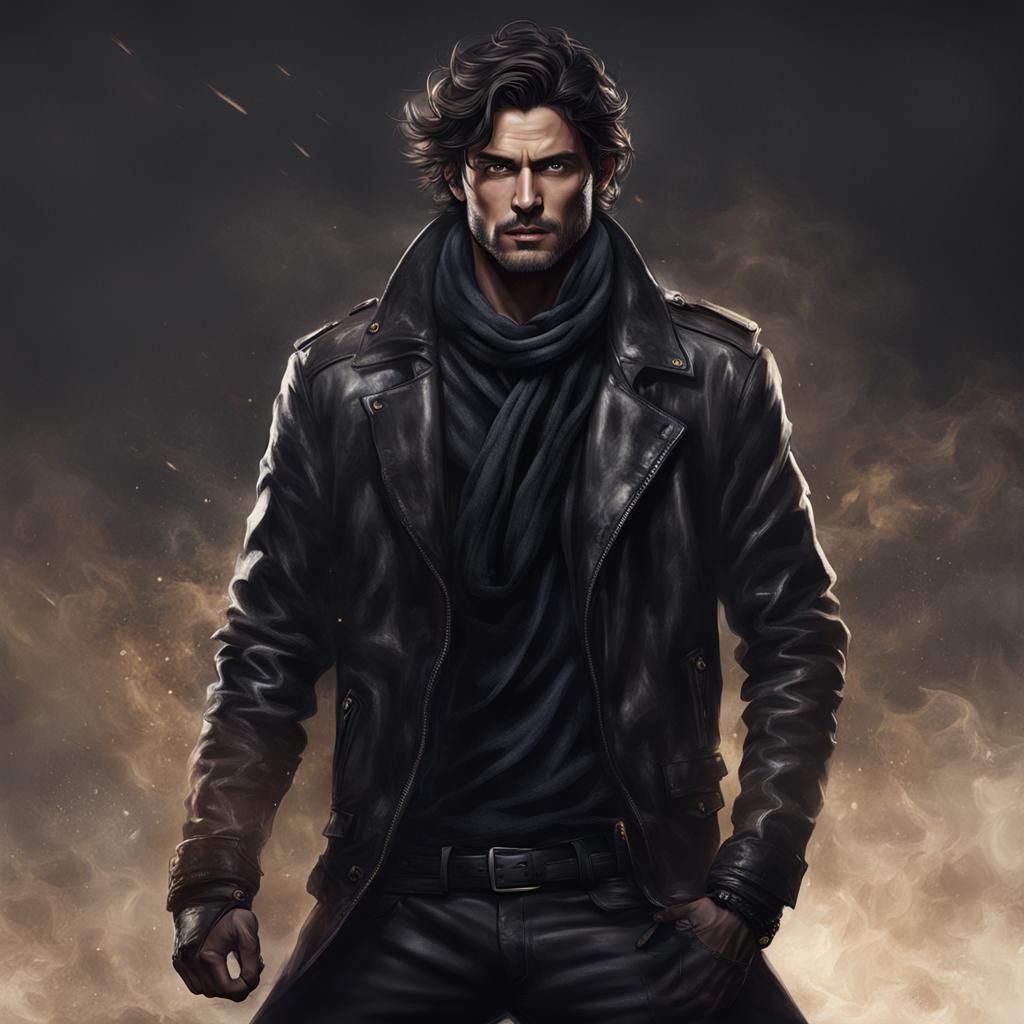 Dark Haired Man with Mischievous Glare in Leather