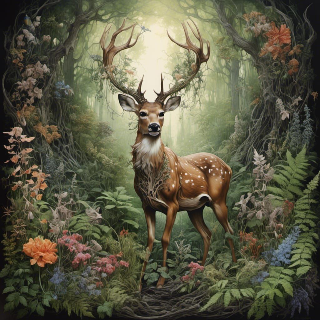 Deer in Sunlit Forest Glade