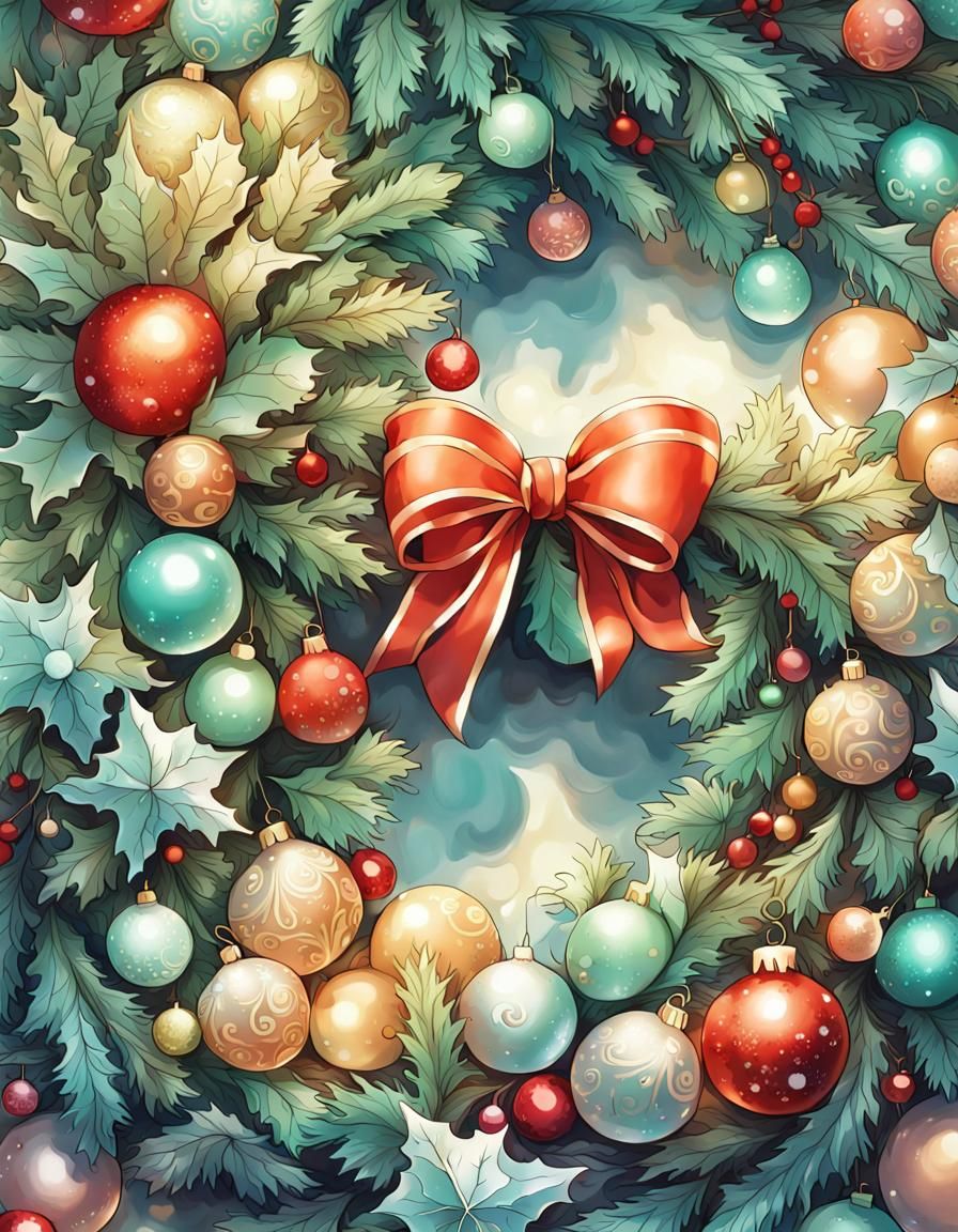 Ornate Christmas Wreath in Anime Art Style