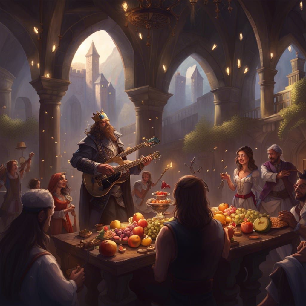 Bard Entertains King in Dark Fantasy Castle