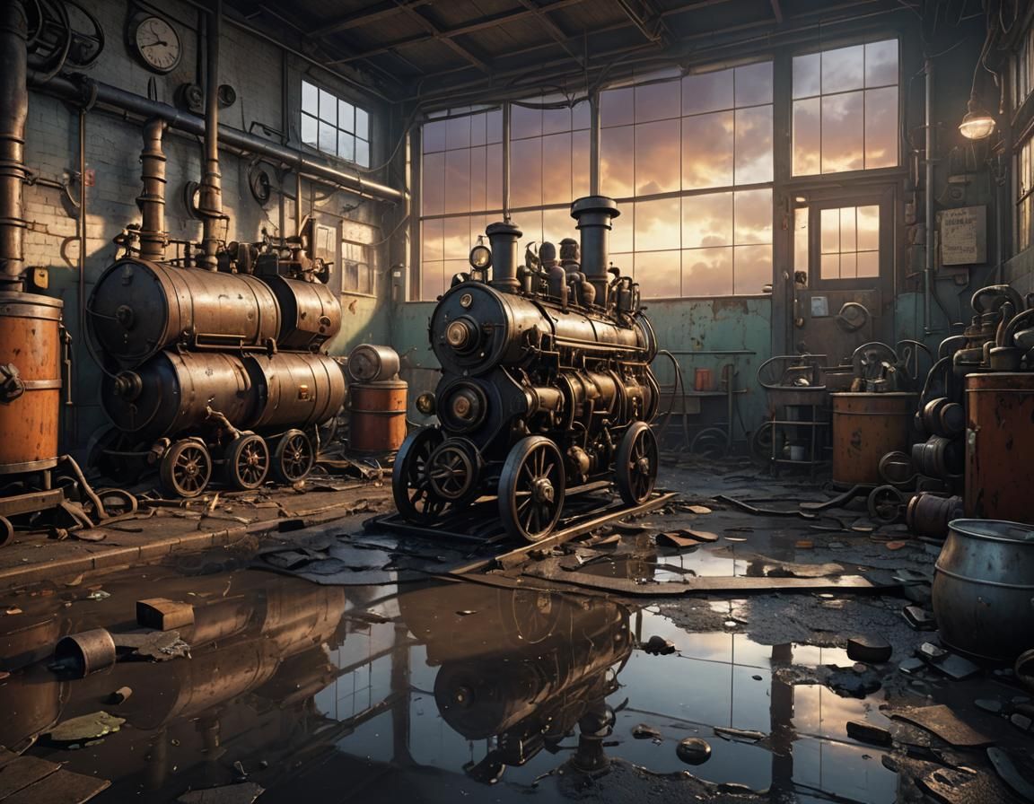 Dieselpunk Hospital Interior with Cat and Stormy Sunset