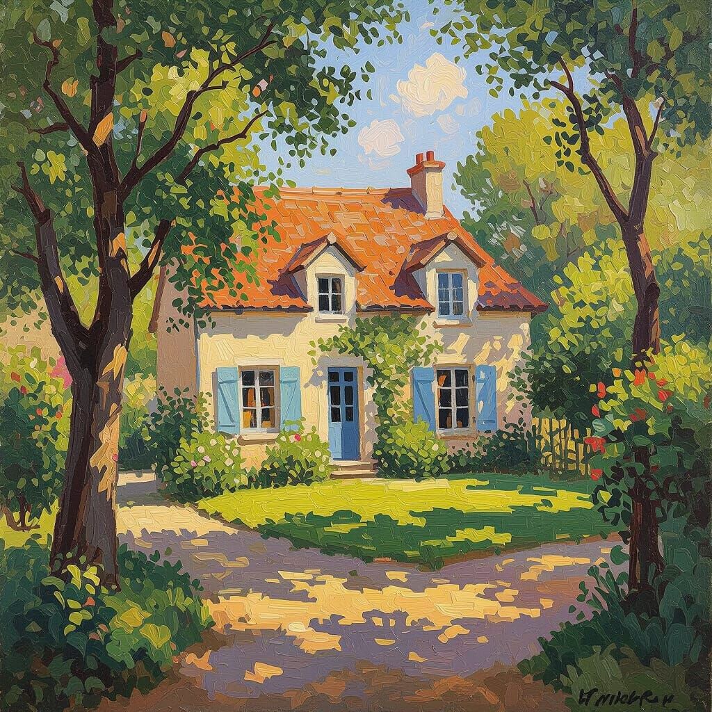 Impressionistic Home Surrounded by Lush Green Trees