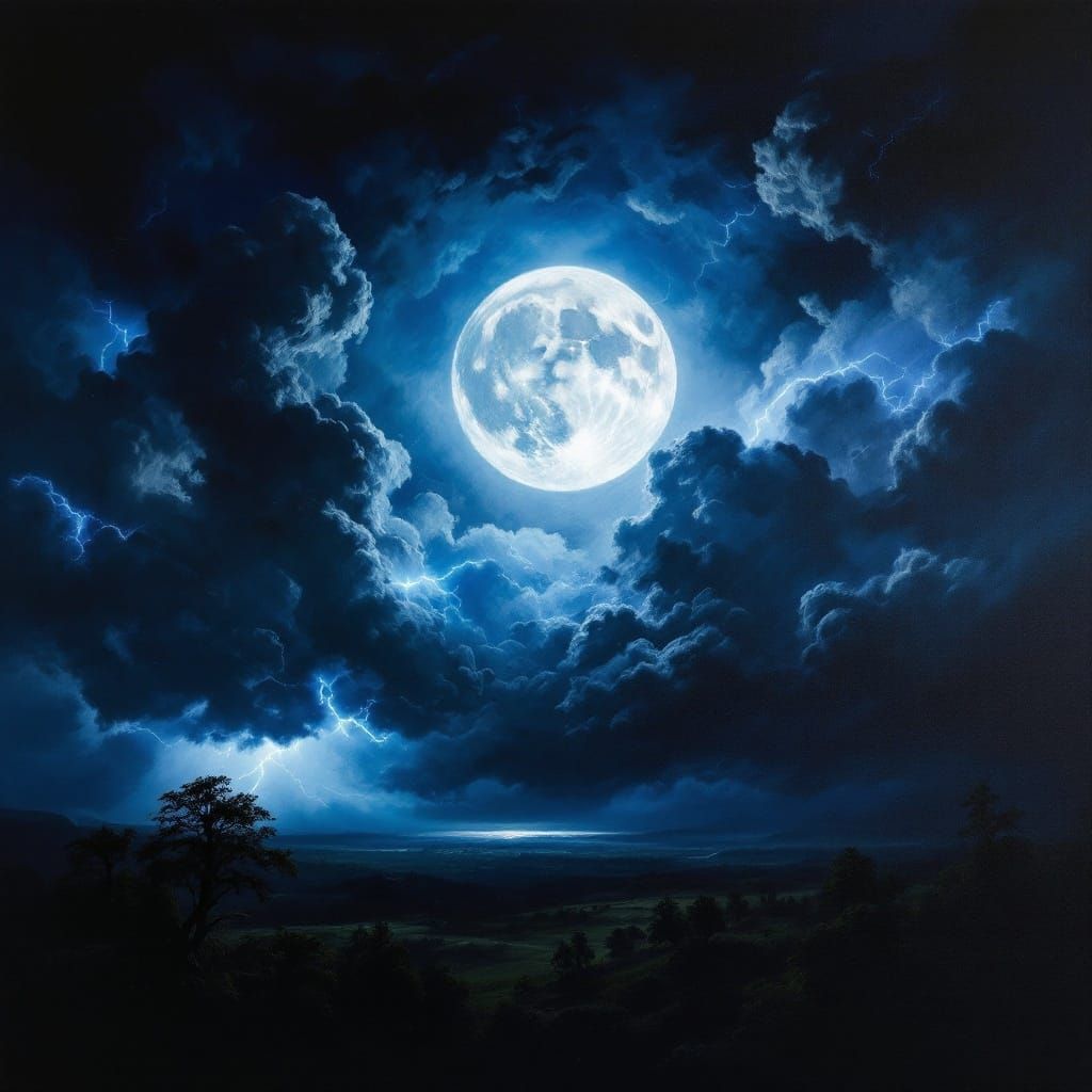 Majestic Nocturnal Landscape with Thunderstorm and Silver-Bl...