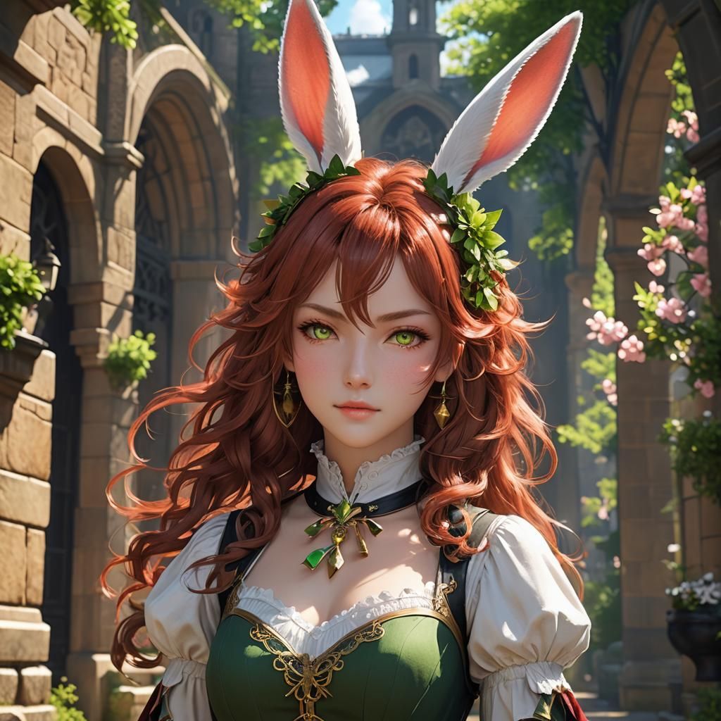 Anime Girl Cleric with Bunny Ears and Green Eyes