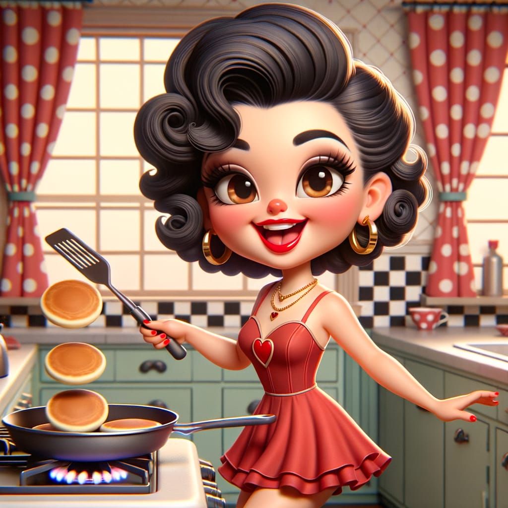 Vintage Cartoon Girl Flips Pancakes in Pastel Kitchen