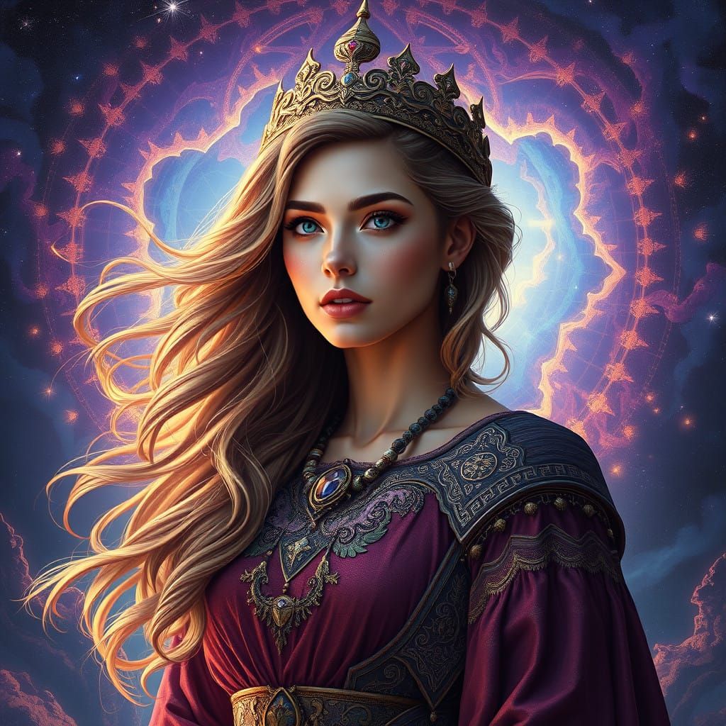 Ethereal Futurist Goddess in Moody Nebula Landscape