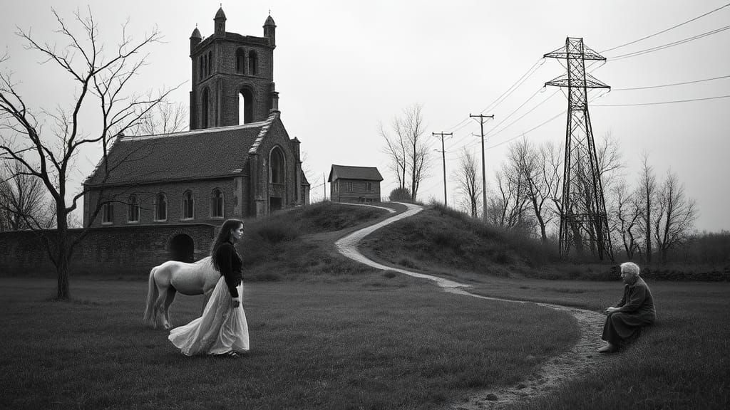 Contemplative Monochromatic Scene with Church and Horse