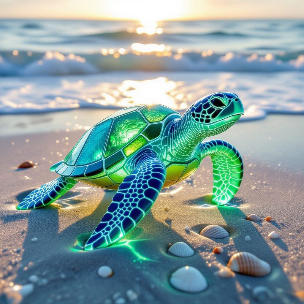 Sea Turtle Sculpture of Glowing Sea Glass