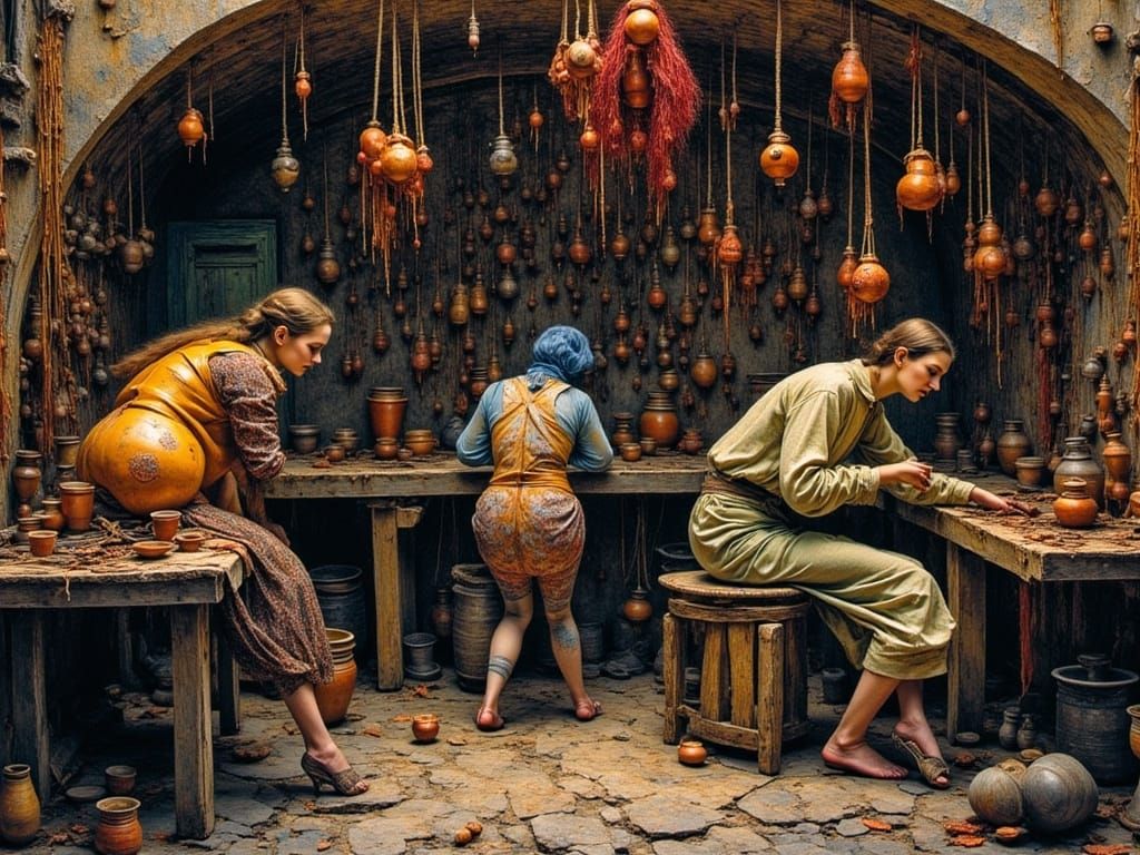 Madman Potters' Bizarre Art in Expressive Oil Painting