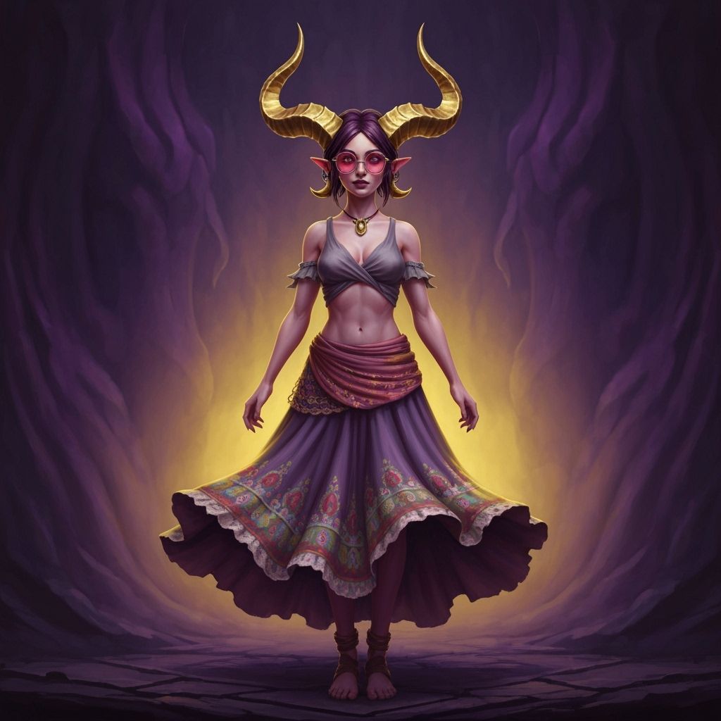 Dark Fantasy Teifling with Gold Horns and Gypsy Skirt