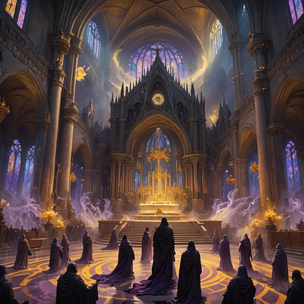 Eerie Ghosts Swirl Around Cathedral Altar in Dark Fantasy