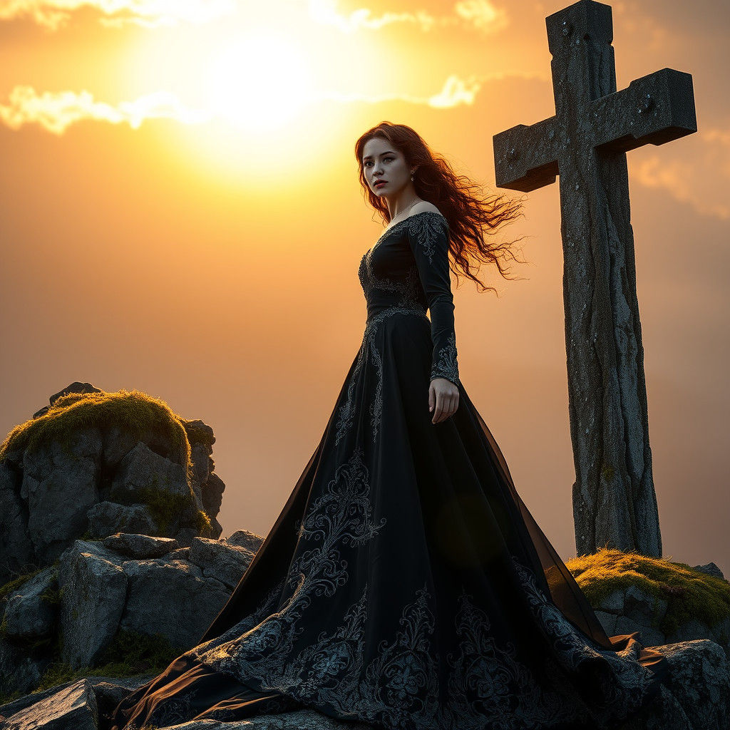 Mourning Woman Beside Ancient Stone Cross