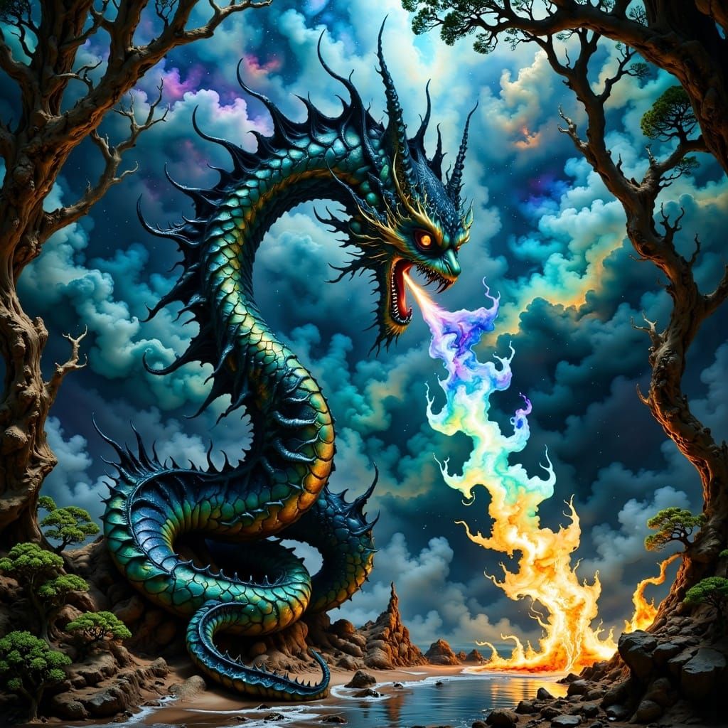 Cyberpunk Dragon Unleashes Ethereal Blue Fire in Misty Fores...
