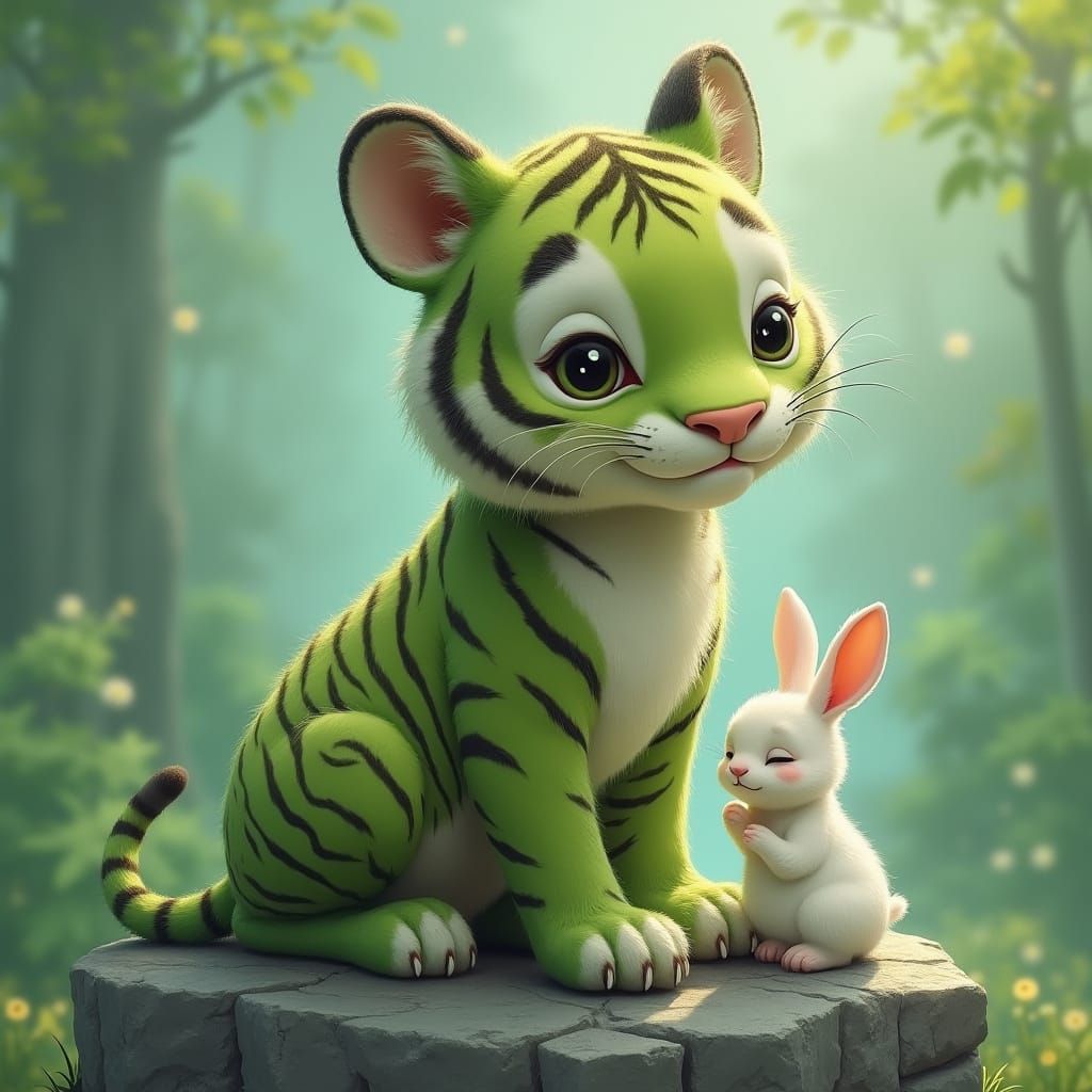 Green Tiger and Bunny on Weathered Rock