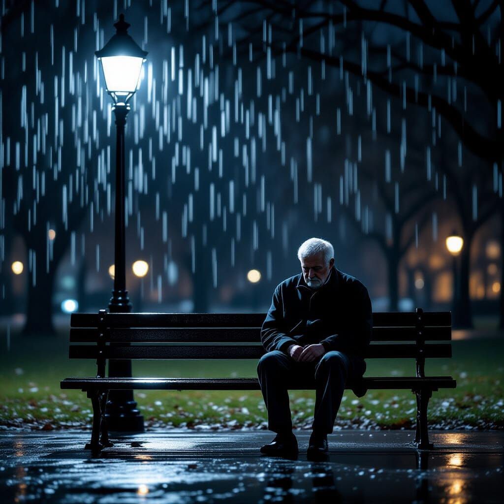 Lonely Man Under Streetlight in Cinematic Rain