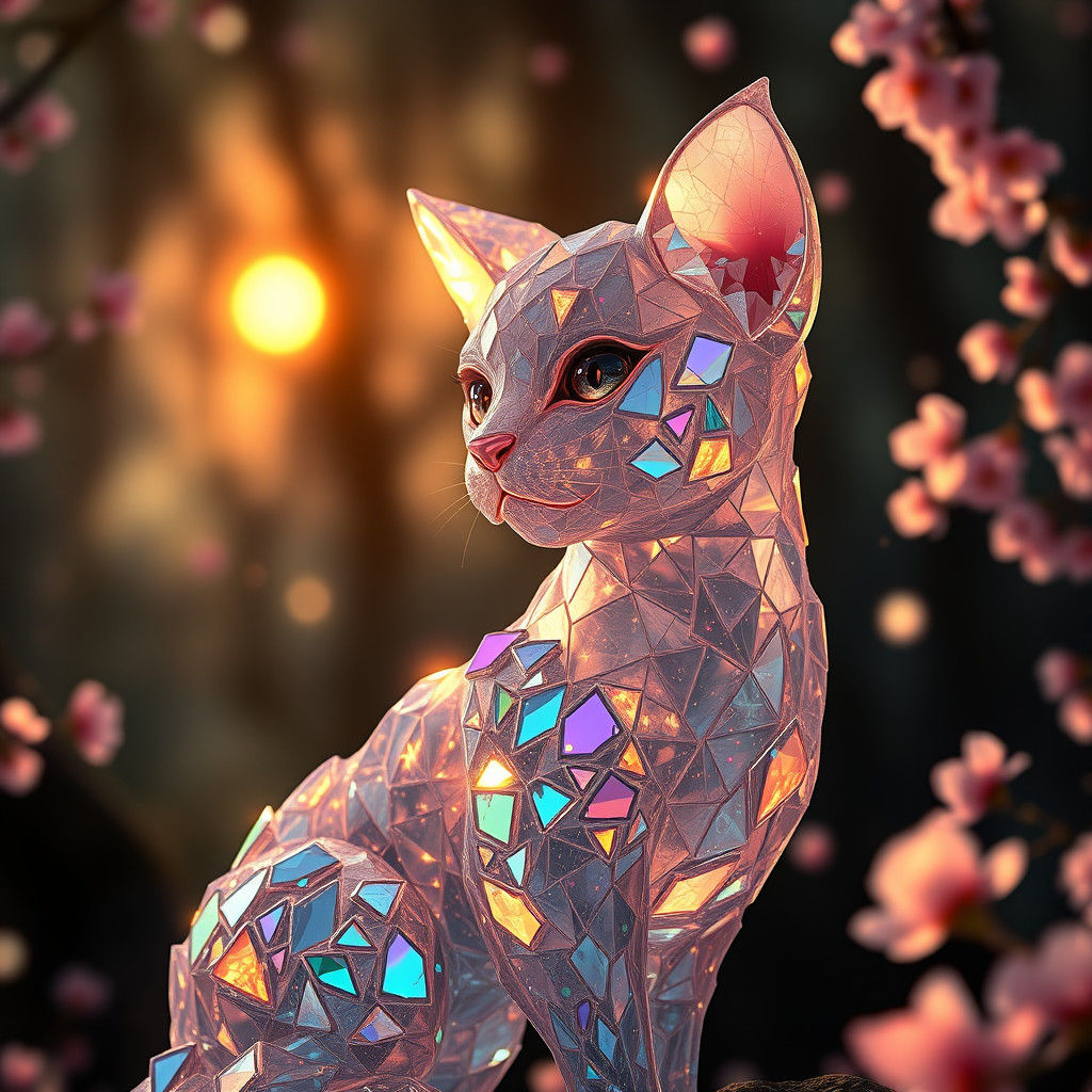 Crystalline Cat in Enchanted Forest, Holographic Glass Art