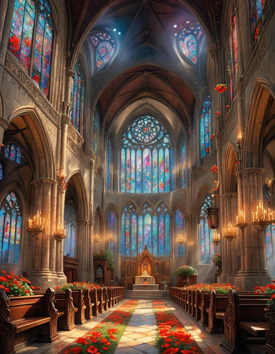 Cathedral Interior with Poppies in Ethereal Style