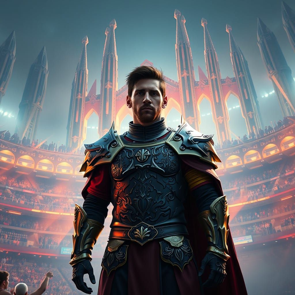 Regal Messi in Ancient Stadium, Cyberpunk Style