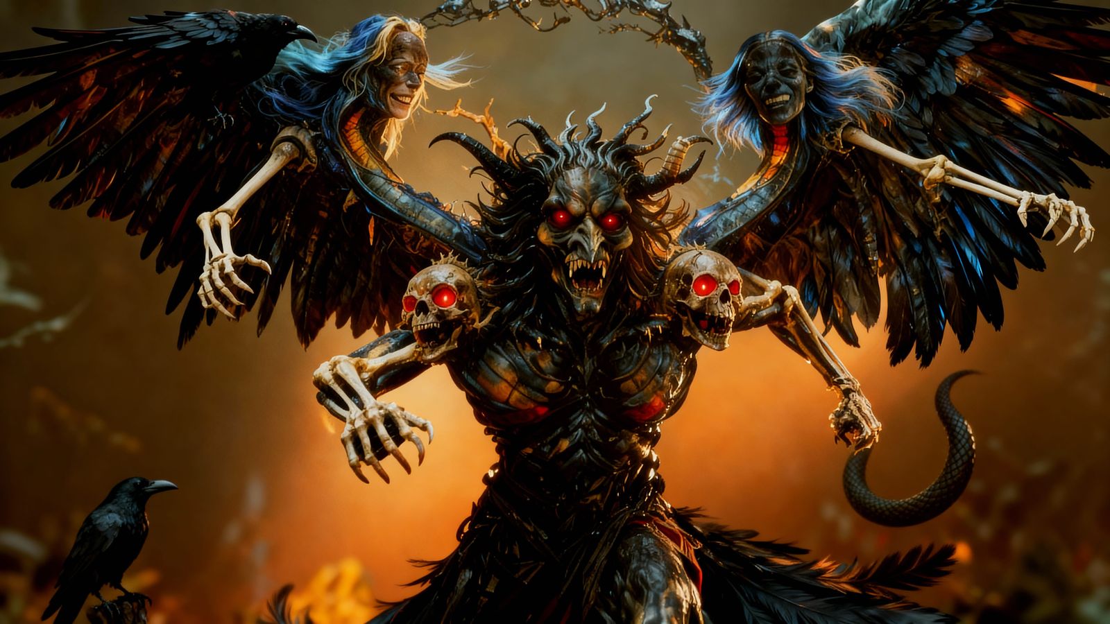 Angel with Large Wings and Raven Tail Feathers