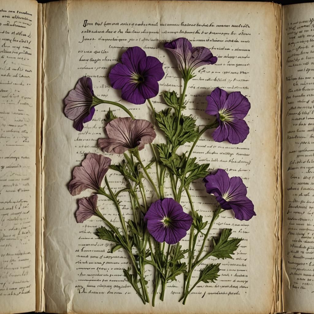 Dried petunias pressed in a book.