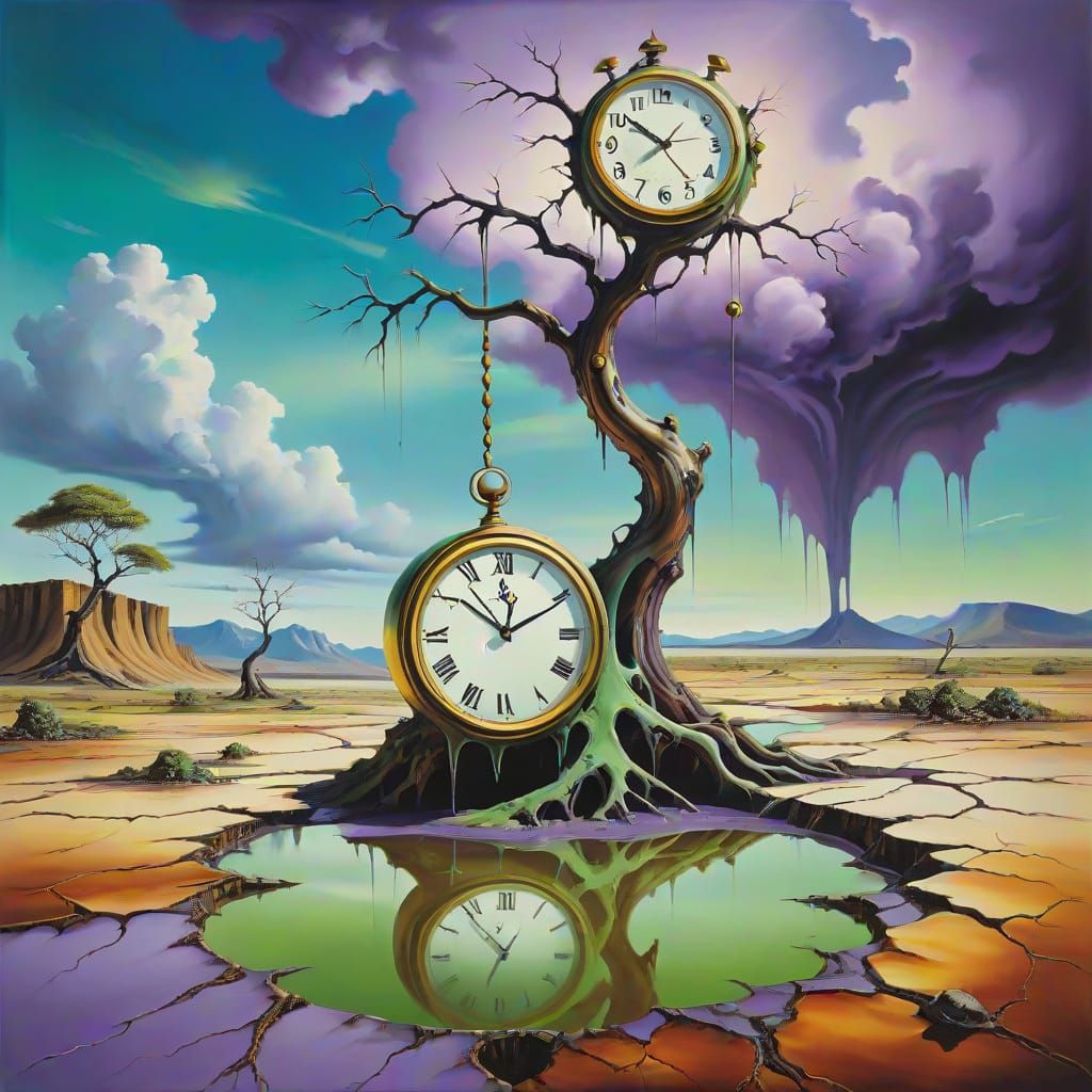 Surreal Melting Clock on Twisted Tree in Ethereal Landscape