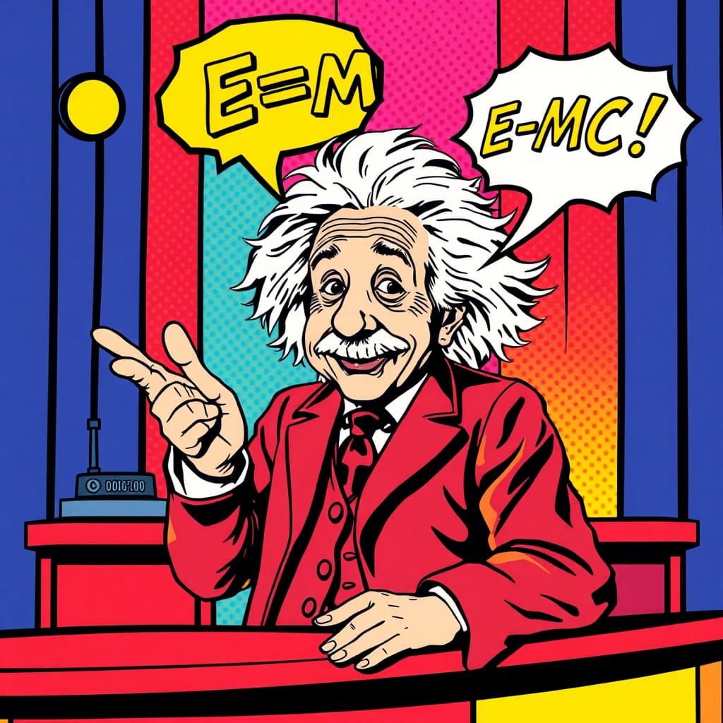 llustrated in the comic-strip style of Roy Lichtenstein Albert Einstein presenting his theory of relativity on a game sh...