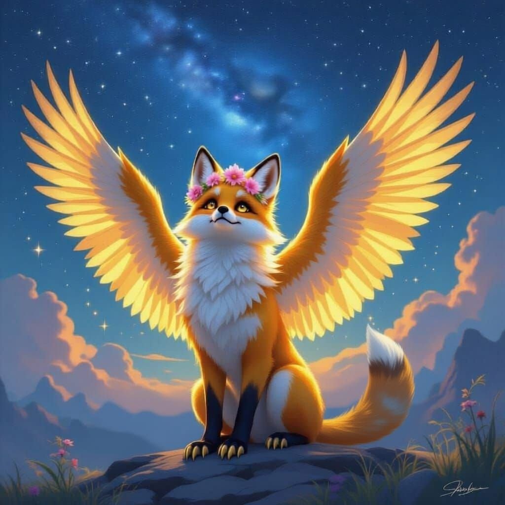 Mythical Fox-Wolf Hybrid with Eagle Wings Gazing at Stars