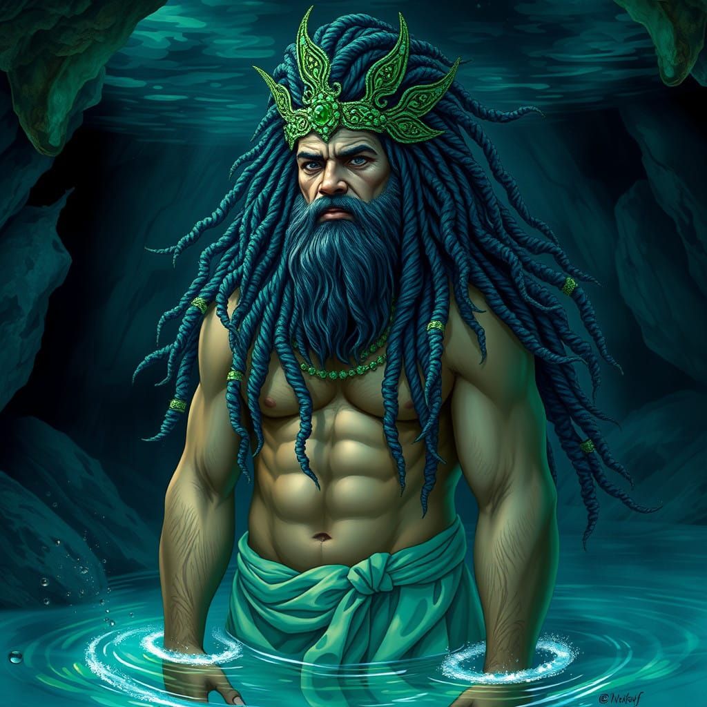 Majestic Water God with Emerald Headdress and Wavy Dreadlock...