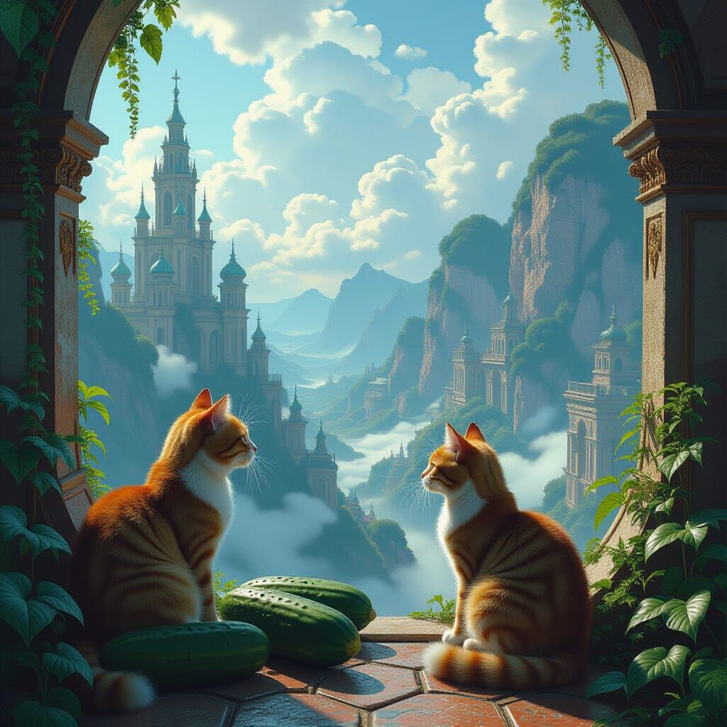 Cats and Cucumbers in a Mystical Realm, Digital Matte Painti...