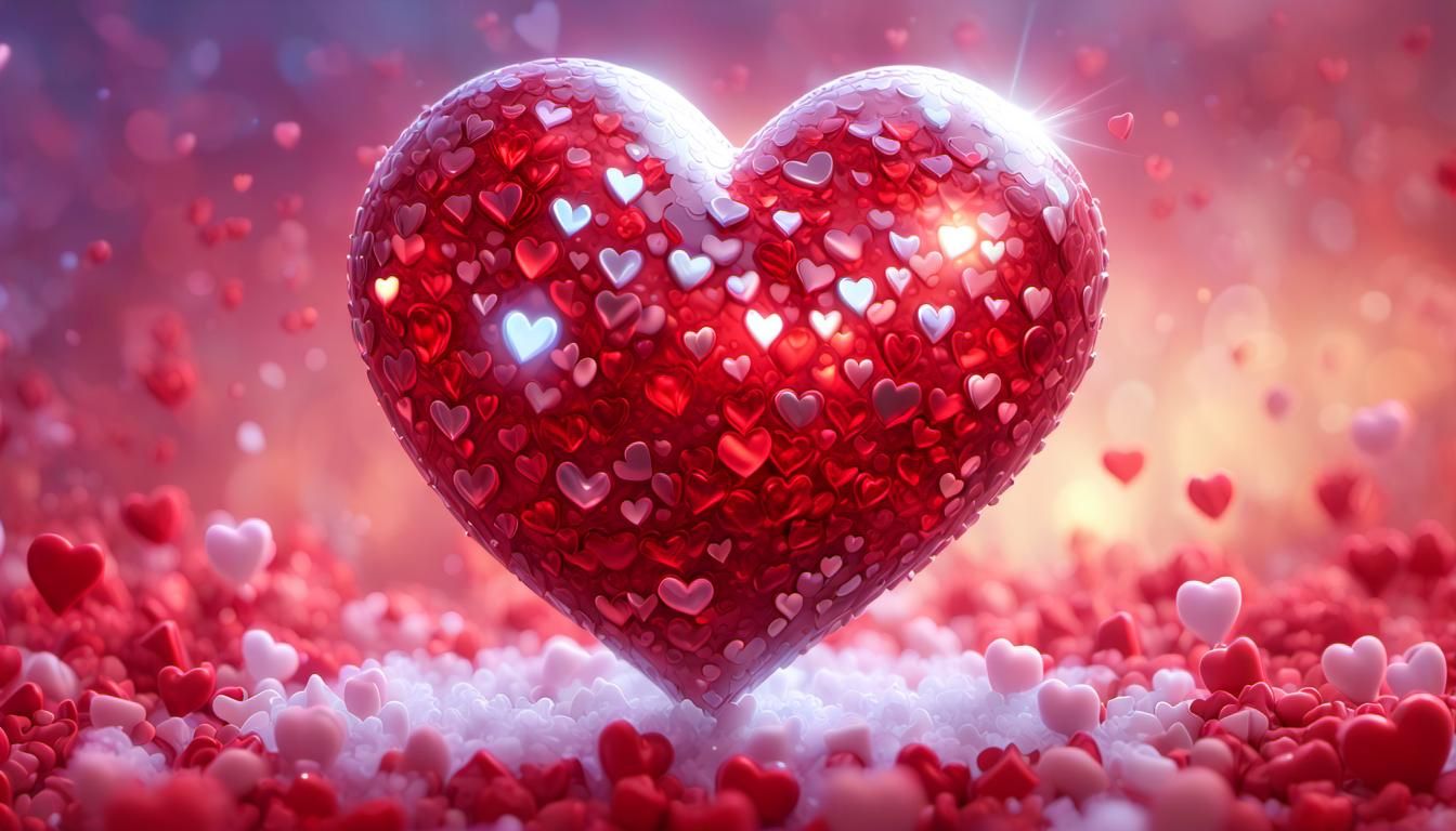 sparkly shiny heart diamon red shiny hearts Playful. Cute. Fluffy ethereal fantasy hyperdetailed mist Thomas Kinkade Epi...