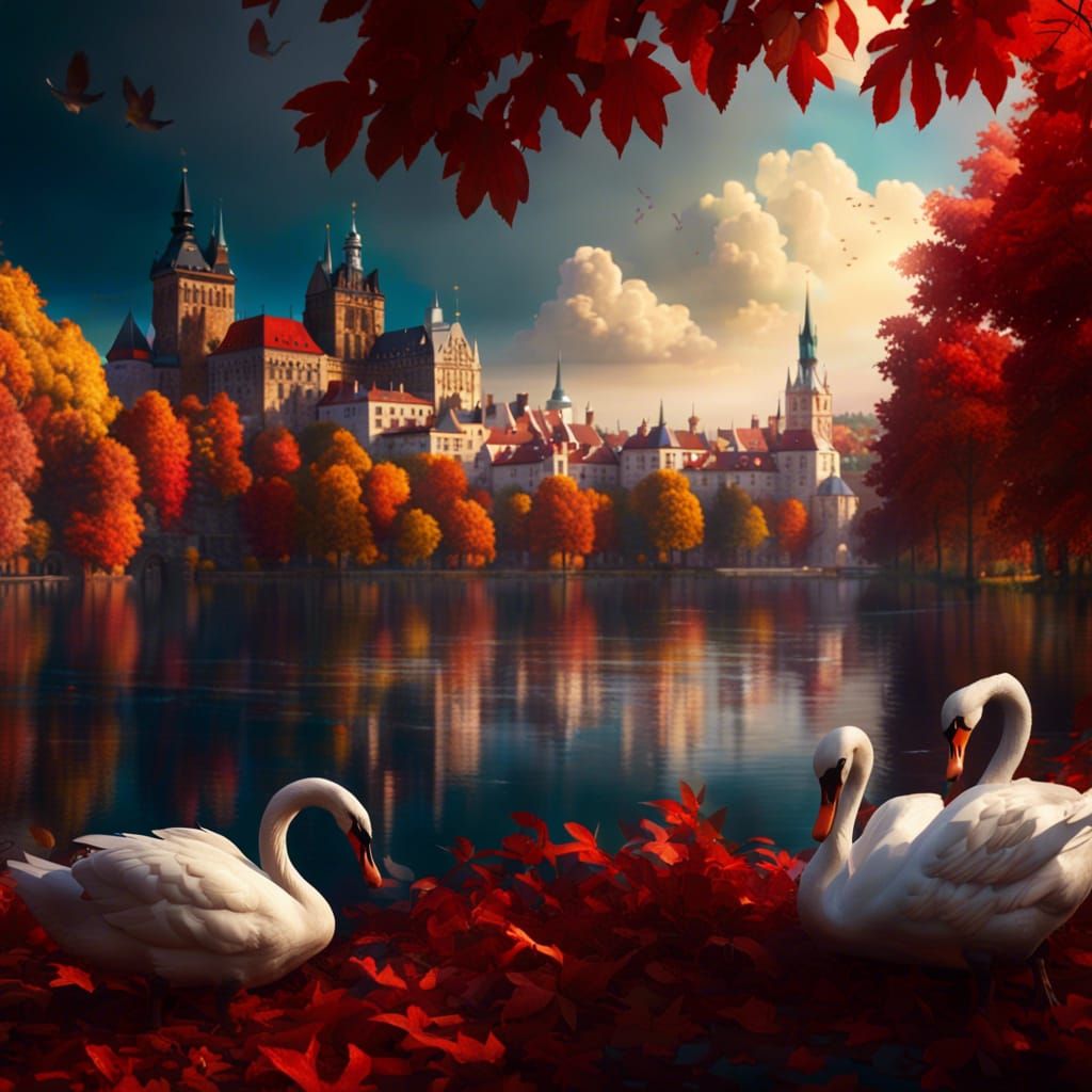Prague Castle and Swans in Autumn, Photorealistic Style