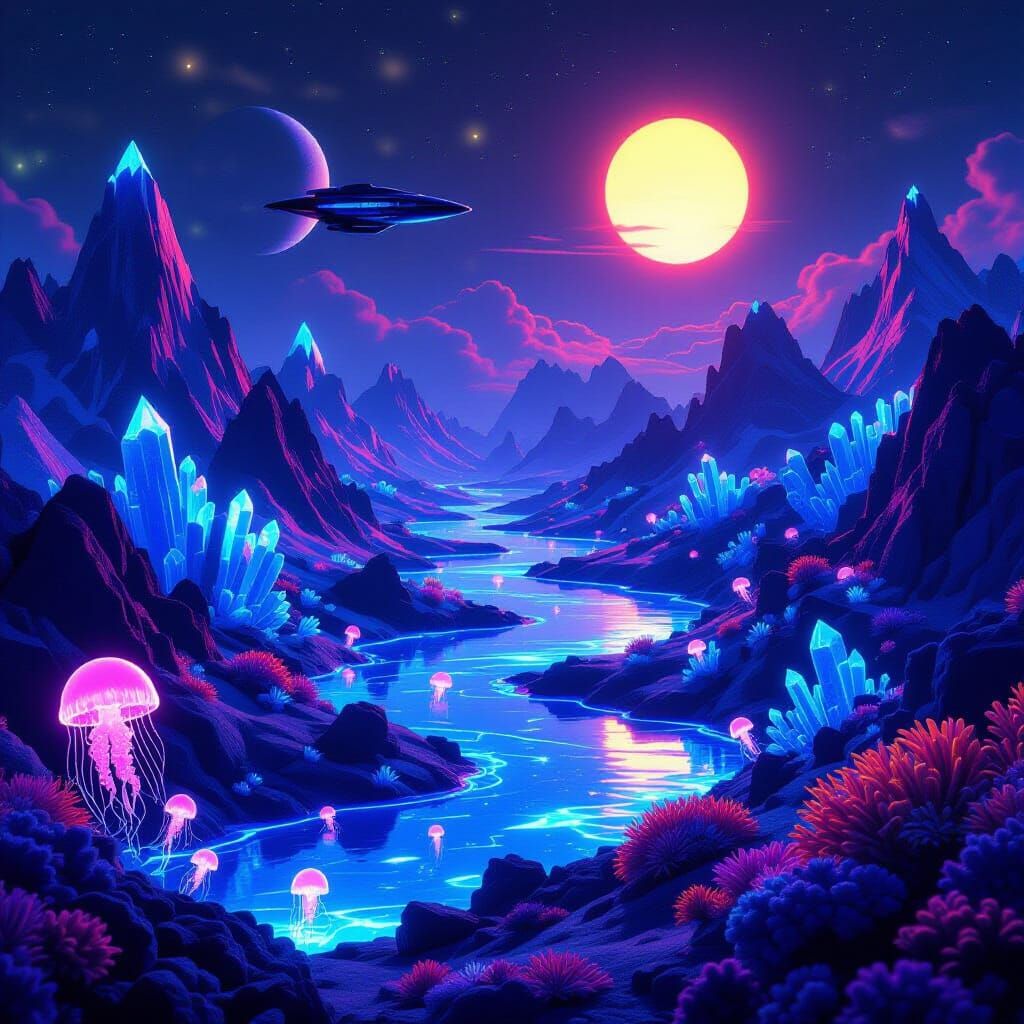 Futuristic Exoplanet Landscape with Bioluminescent Oceans