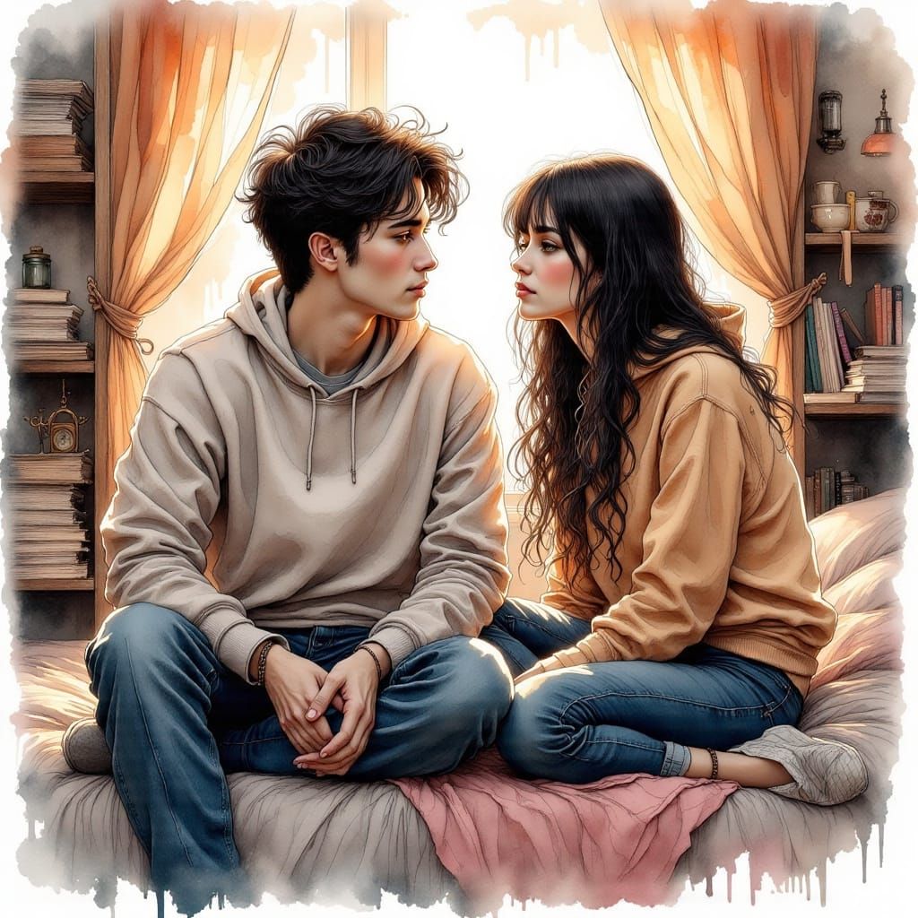 Young Love's Bittersweet Goodbye in Ink Drawing Style