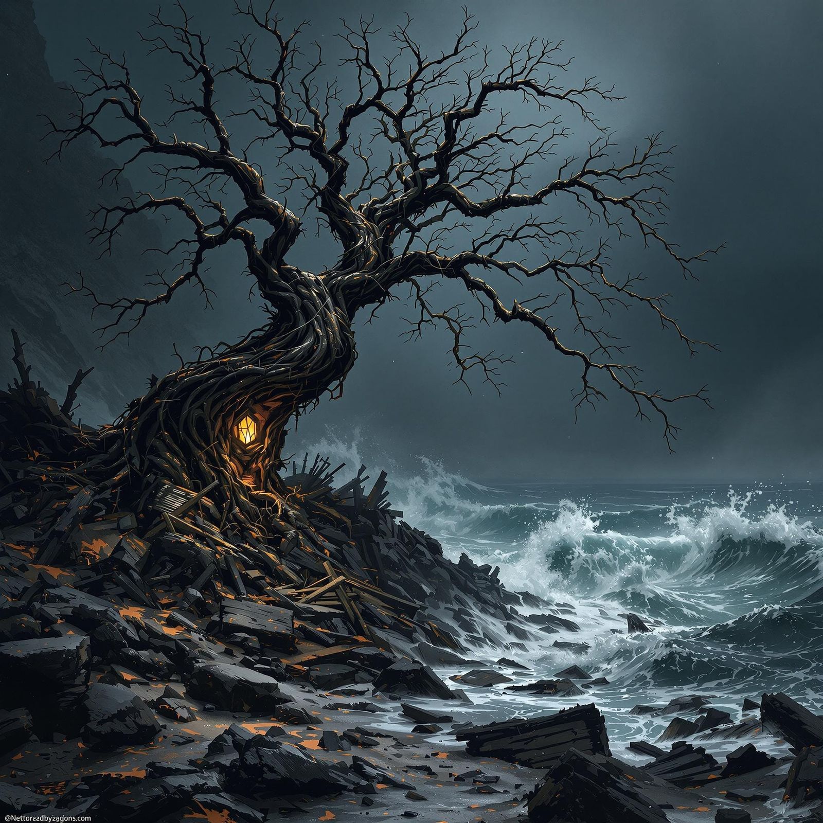Twisted Tree Standing Guard Over Rocky Shoreline in Desolate...