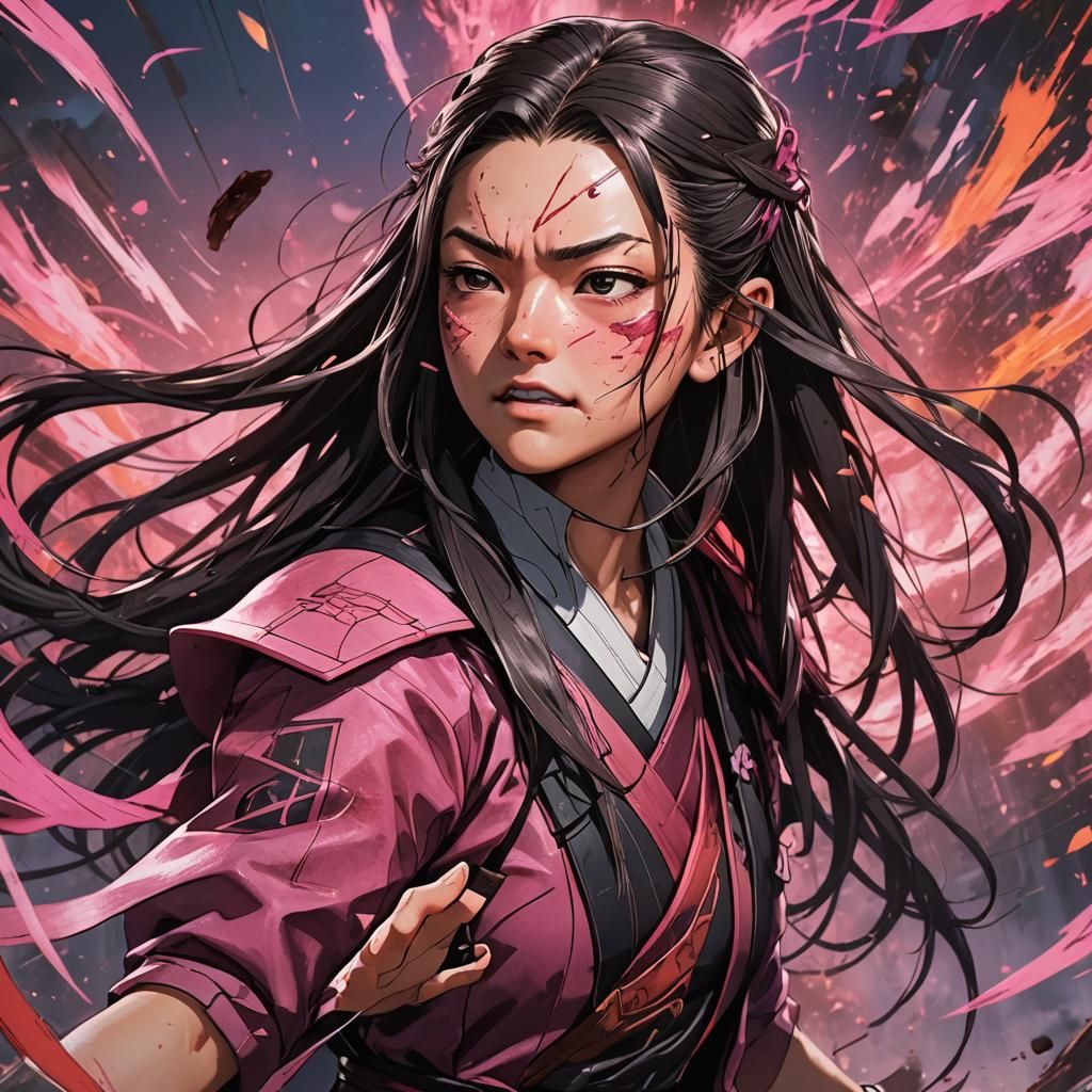 Menacing Nezuko in Hyperrealistic Splash Art