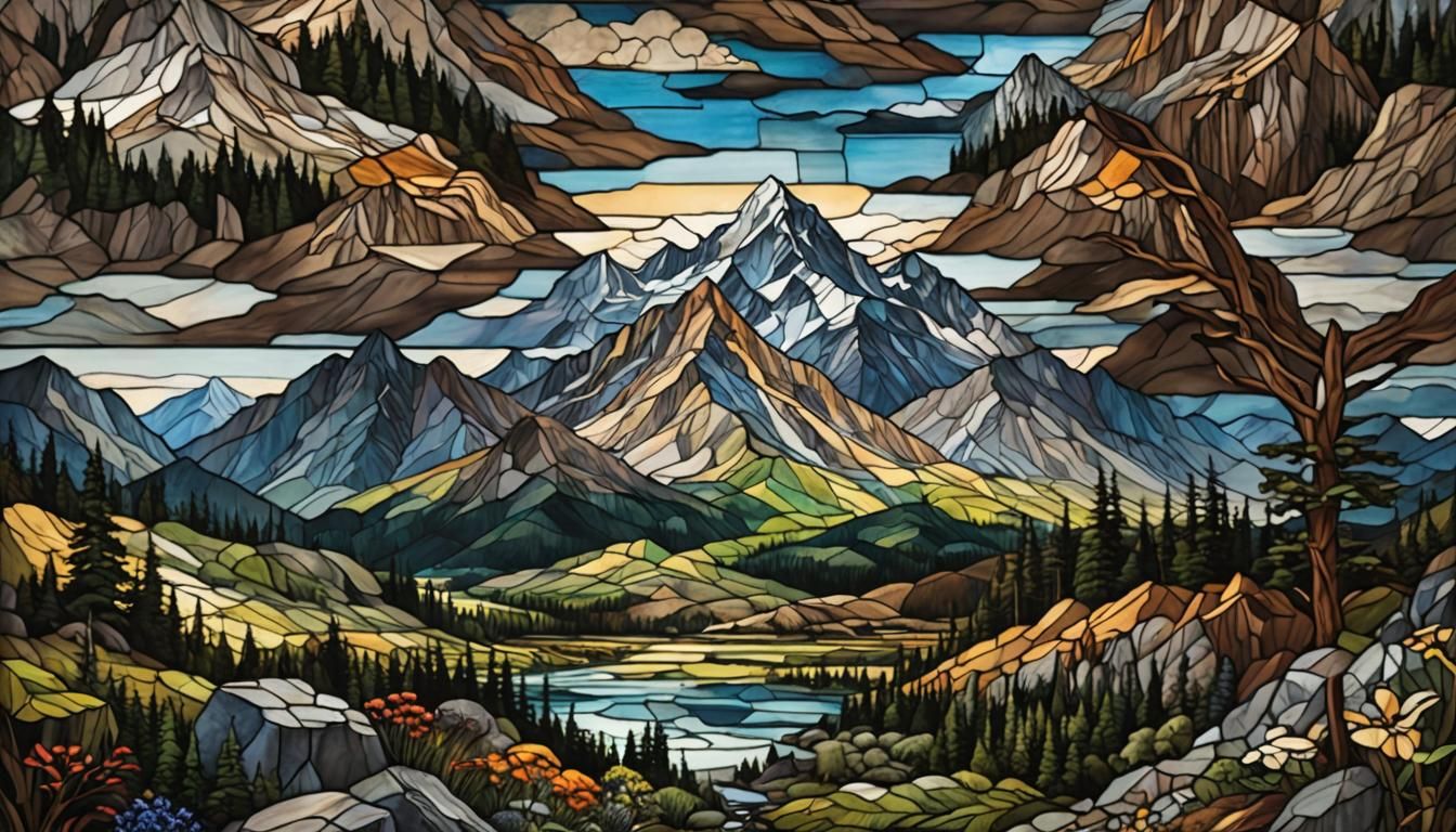Stained Glass Mountain Landscape in Hyperrealistic Style