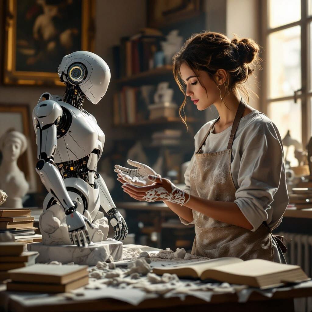 Renaissance Sculptor and Futuristic Robot Statue