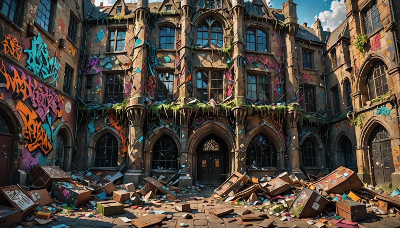 Dystopian Future: Hogwarts Ruins in Hyperrealistic Style