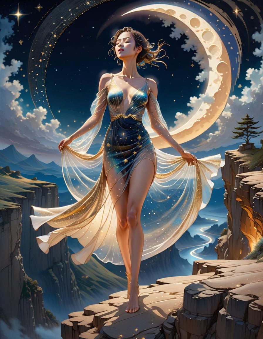 Woman in Starry Dress Under Crescent Moon