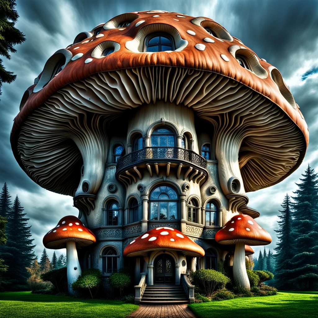 Mushroom Mansion Building in Hyperrealistic Style